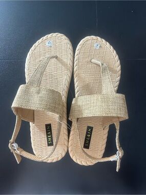 SHEIN Womens Woven Raffia Flat Sandals Ankle Strap Boho Beige Size 9 Beach